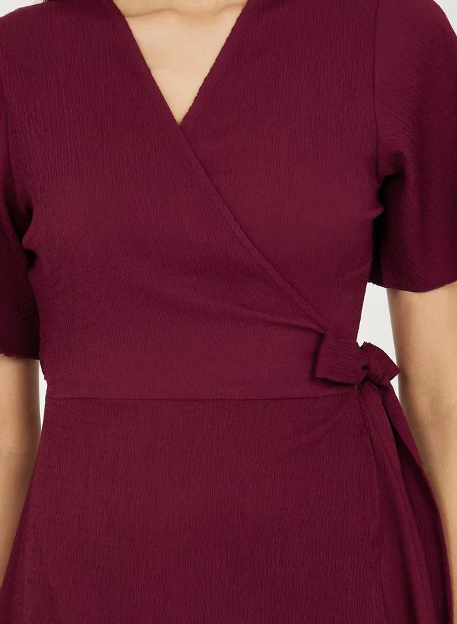 Styli Textured Wrap Knee Length Dress with Tie Waist