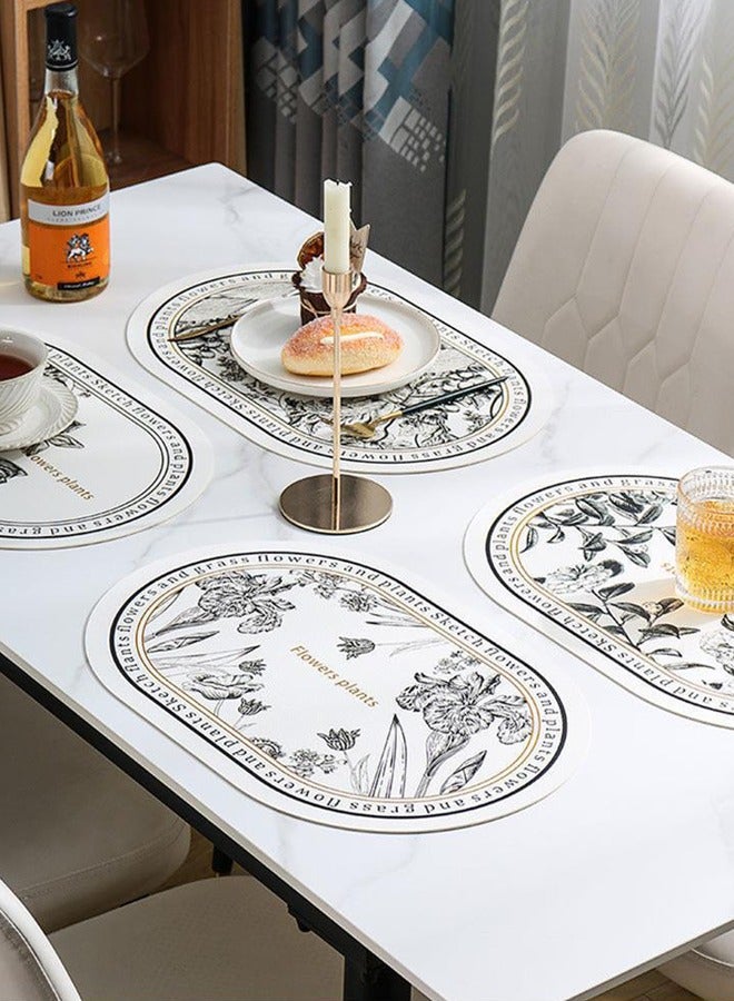 4 Pcs Floral Pattern Dining Table Mats, Environmental Protection Leather Heat Insulation Mats, Waterproof And Anti-Oil Stain Wear-Resistant And Non-Slip, Suitable For Kitchen, Dining Room (Black And White, 40x30cm)  - Image 1