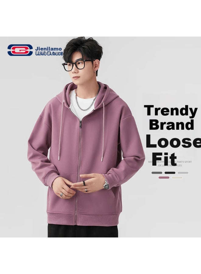 Geniolamode Men's Hoodie Solid Color Zip-up Sweatshirt Loose Casual Basic Jacket - Image 1