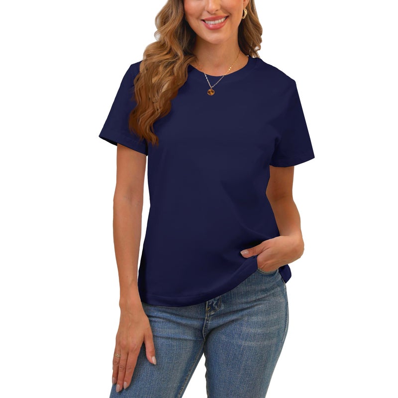 BJY 100% Cotton Women's Navy Blue Short Sleeve Crew Neck T-Shirt, Regular Fit Casual T Shirt Tops, Basic Tees, Tshirt, Tshirt - Image 1