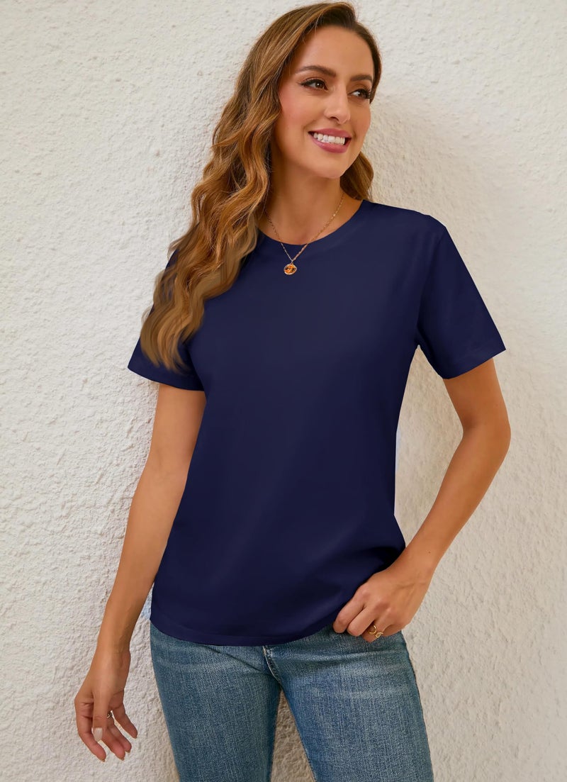 BJY 100% Cotton Women's Navy Blue Short Sleeve Crew Neck T-Shirt, Regular Fit Casual T Shirt Tops, Basic Tees, Tshirt, Tshirt - Image 4