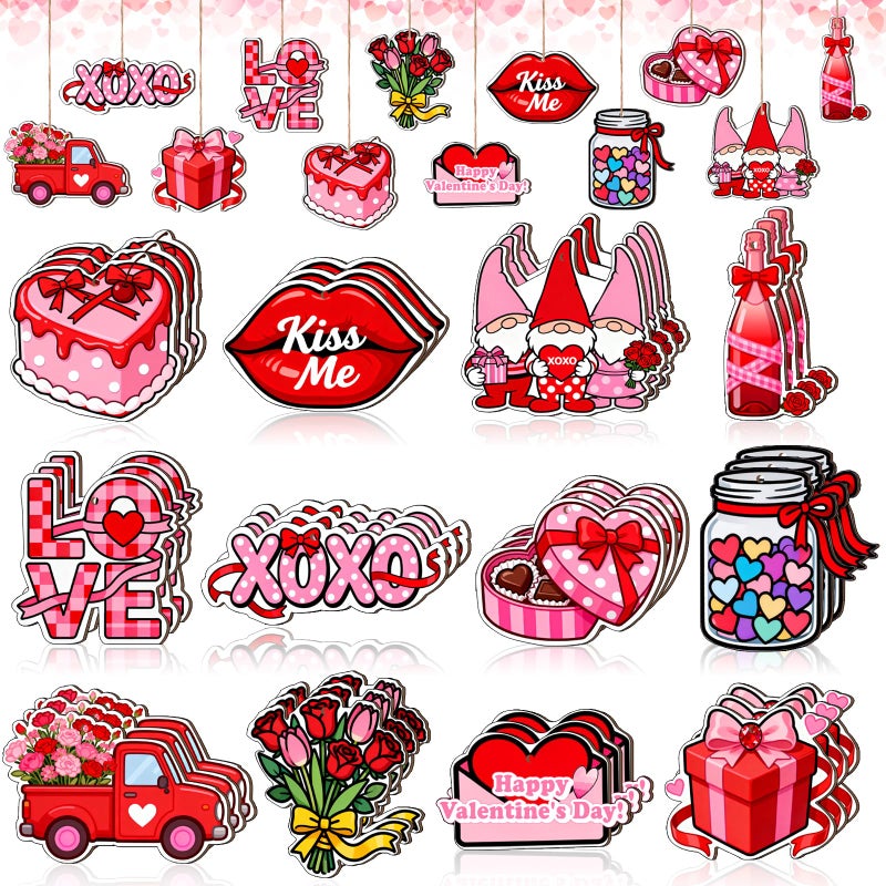 VinTS 36 Pcs Valentineâ€˜s Day Wooden Hanging Ornaments Valentines Day Tree Decorations Pink Red Gnome Wood Cutouts with Ropes XOXO Love Signs Valentines Day Decor for Home Party Decoration - Image 1