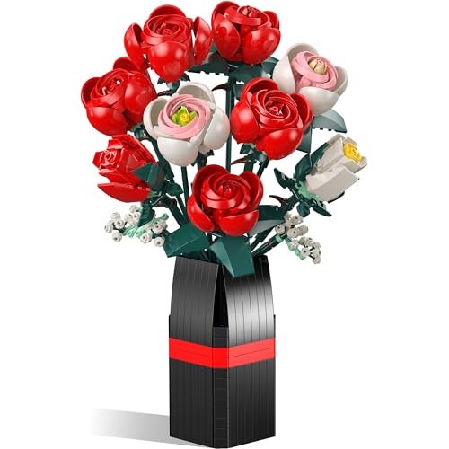 Ancesfun Roses Building Set with Vase, Flower Bouquet Building Kit for Home Office Decor - Flower Botanical Collection Toys Gift for Kids Girls and Adults Women on Valentine’s Day, Mother's Day - 841PCS - Image 1