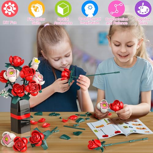 Ancesfun Roses Building Set with Vase, Flower Bouquet Building Kit for Home Office Decor - Flower Botanical Collection Toys Gift for Kids Girls and Adults Women on Valentine’s Day, Mother's Day - 841PCS - Image 3