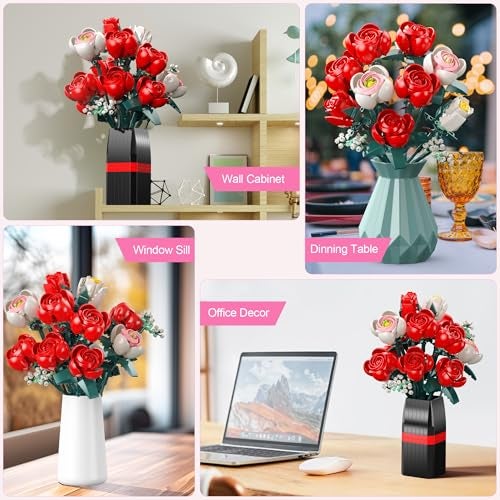 Ancesfun Roses Building Set with Vase, Flower Bouquet Building Kit for Home Office Decor - Flower Botanical Collection Toys Gift for Kids Girls and Adults Women on Valentine’s Day, Mother's Day - 841PCS - Image 4