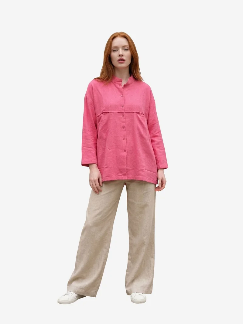 ماي فاشن MY FASHION Oversized Linen-Blend Long Sleeve Shirt