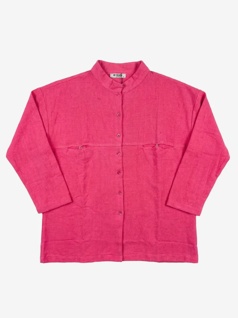 My Fashion Bright Pink MY FASHION Oversized Linen-Blend Long Sleeve Shirt for Women | Best Price UAE