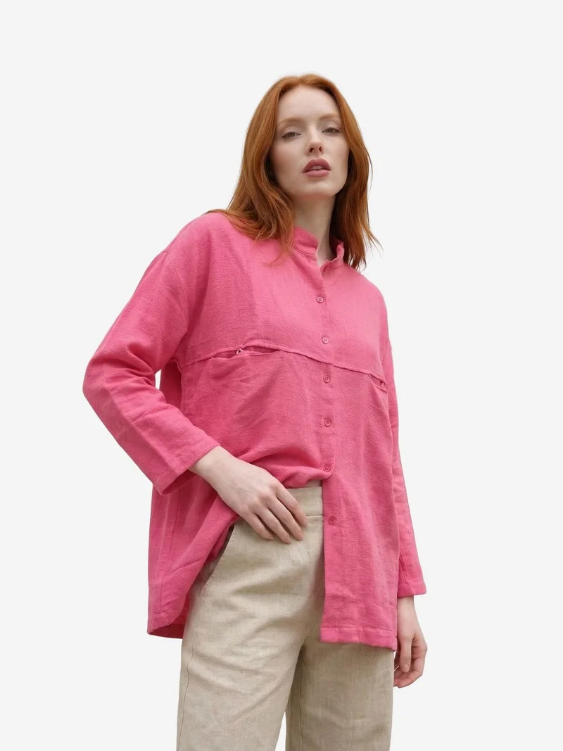 My Fashion Bright Pink MY FASHION Oversized Linen-Blend Long Sleeve Shirt for Women | Best Price UAE
