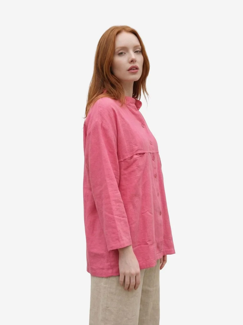 My Fashion Bright Pink MY FASHION Oversized Linen-Blend Long Sleeve Shirt for Women | Best Price UAE