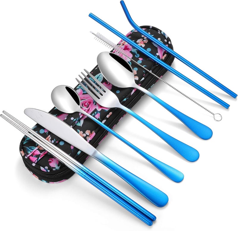 Topbooc Travel Utensils,Reusable Silverware Set To Go Portable Cutlery Set with a Waterproof Carrying Case for Lunch Boxes Workplace Camping Picnic (GraBlue) - Image 1