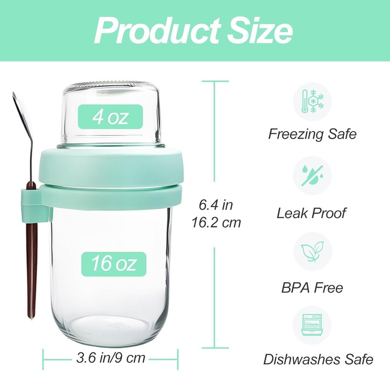 PFUM Overnight Oats Jars with Spoon and Lid 16+4 oz [4 Pack], Airtight Oatmeal Container with Leak-proof Meal Prep Containers Dry and Wet Separation Mason Jars with Lid for Cereal - Image 4