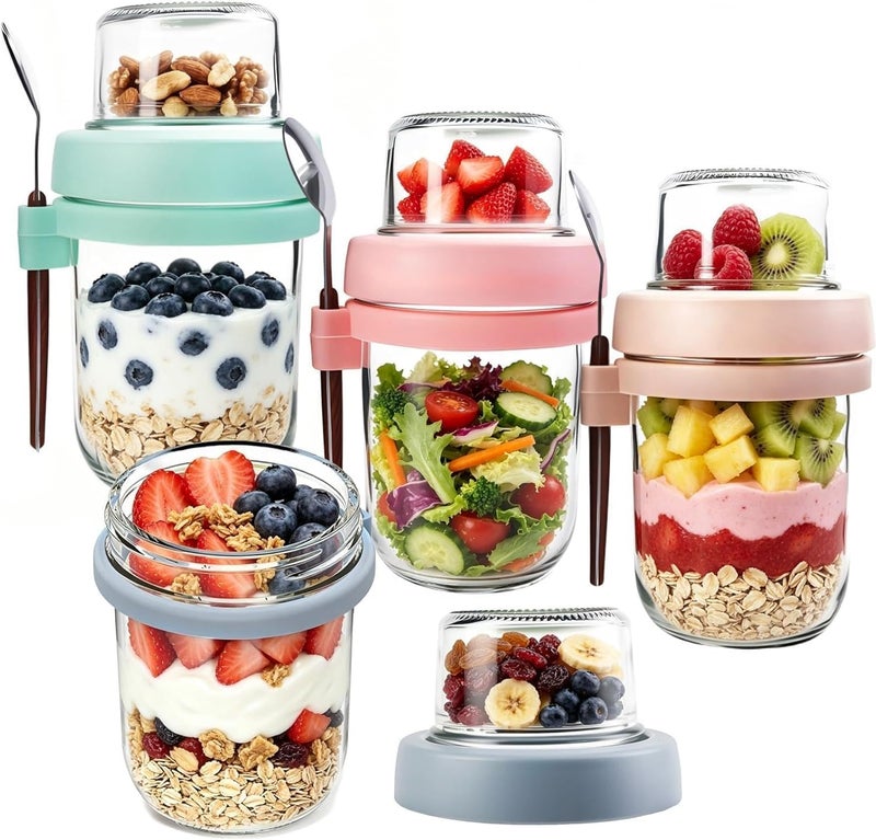 PFUM Overnight Oats Jars with Spoon and Lid 16+4 oz [4 Pack], Airtight Oatmeal Container with Leak-proof Meal Prep Containers Dry and Wet Separation Mason Jars with Lid for Cereal - Image 1