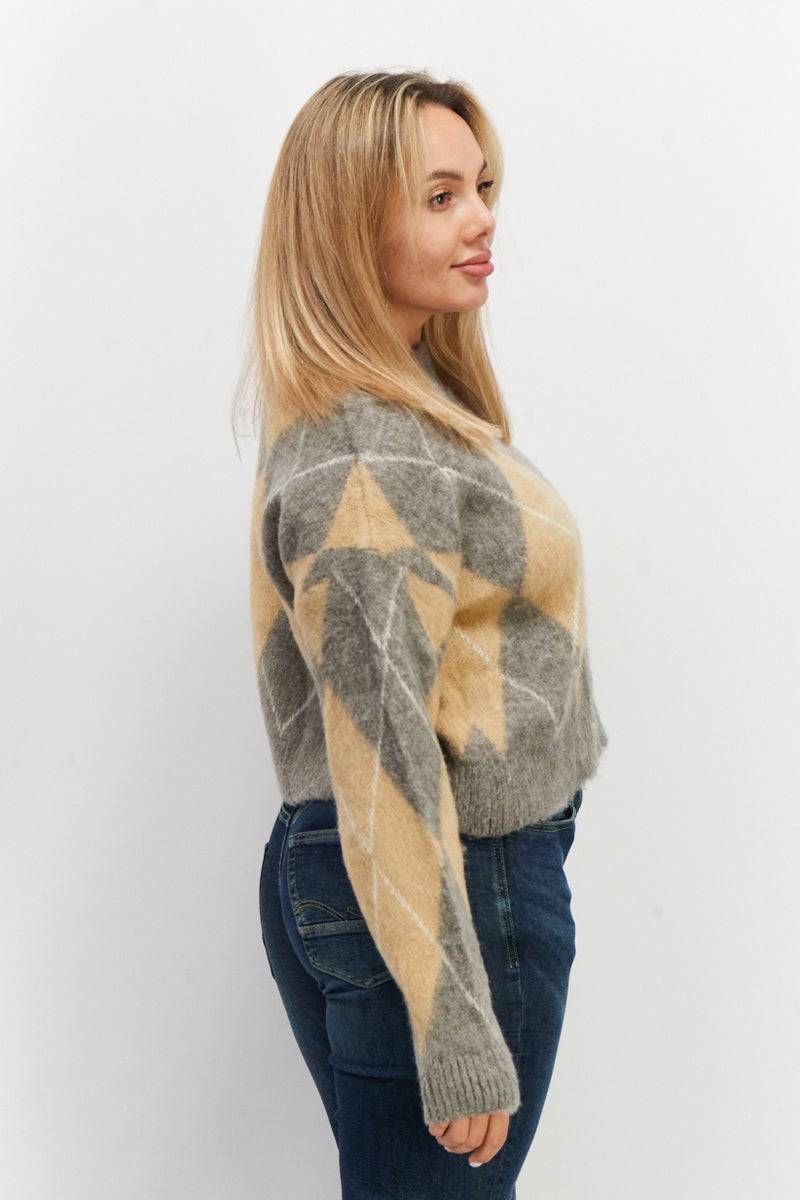 ESPRIT Women Round Neck Argyle Print Sweater, Tan/Grey Combo - Image 2