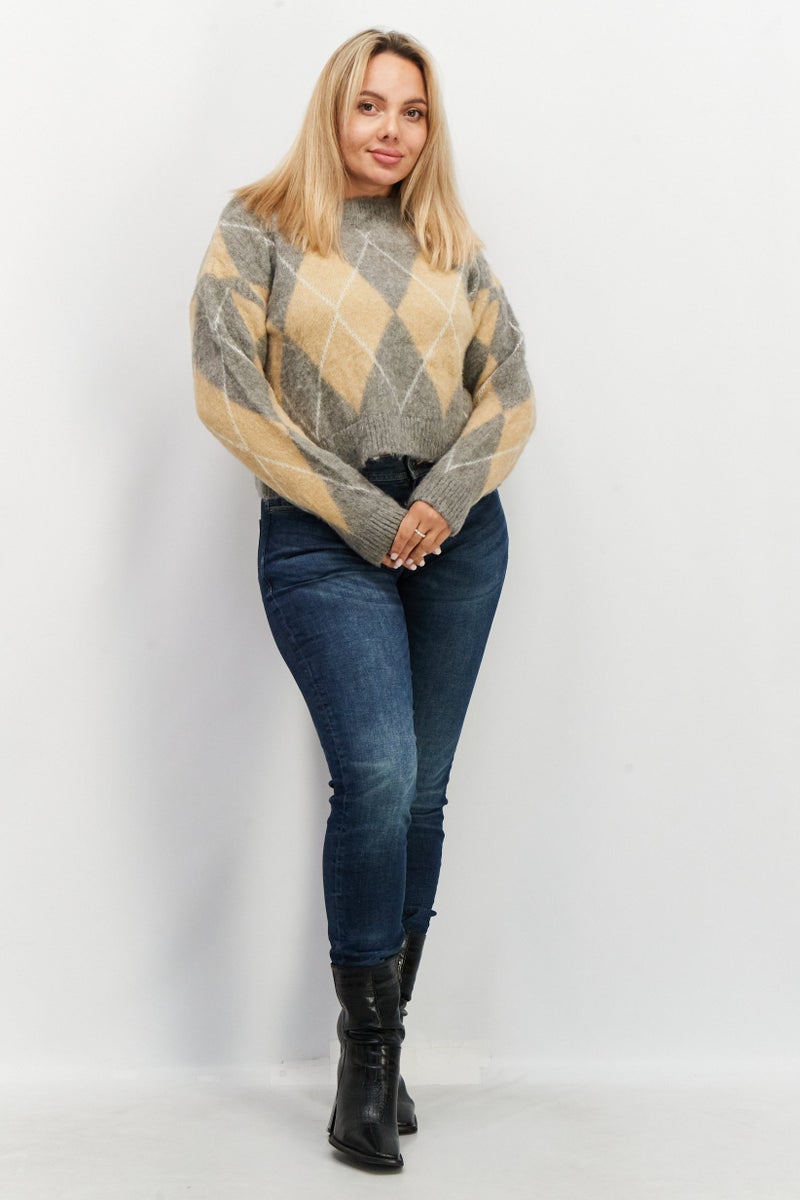 ESPRIT Women Round Neck Argyle Print Sweater, Tan/Grey Combo - Image 3