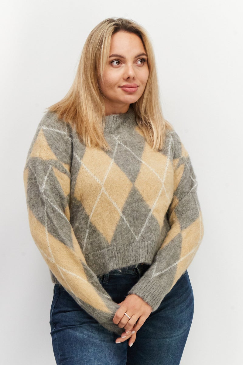 ESPRIT Women Round Neck Argyle Print Sweater, Tan/Grey Combo - Image 1