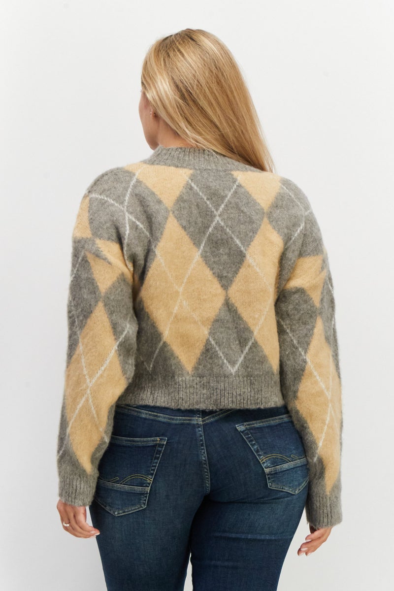 ESPRIT Women Round Neck Argyle Print Sweater, Tan/Grey Combo - Image 4