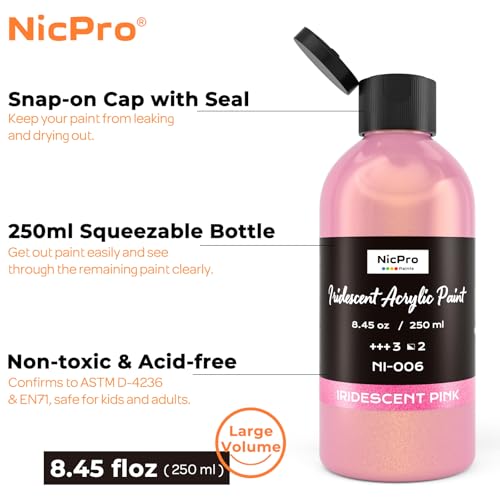 Nicpro Iridescent Pink Acrylic Paint, 8.45oz / 250ml Large Bottle Pink Metallic Acrylic Paint, Color Shifting & Non-Toxic Art Painting Supplies For Craft Canvas Fabric Rock Wood Ceramic Metal - Image 2