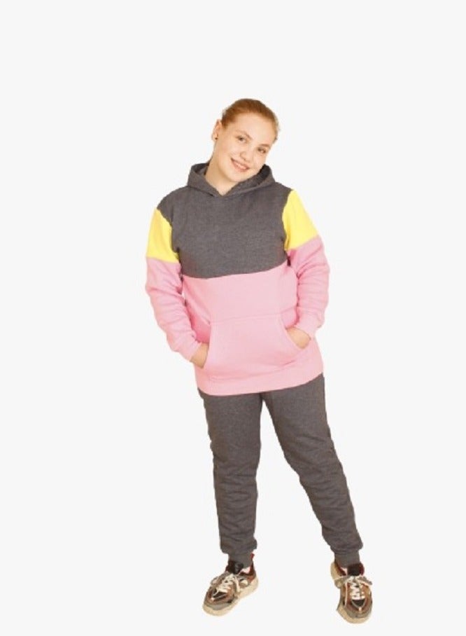 lecoo Girls  winter pajama - casual -  training suit for outing, clubs and home - cotton – Pink & dark grey color - pockets with pants - Image 2