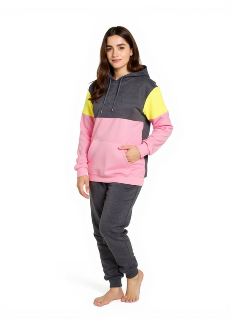 lecoo Girls  winter pajama - casual -  training suit for outing, clubs and home - cotton – Pink & dark grey color - pockets with pants - Image 1