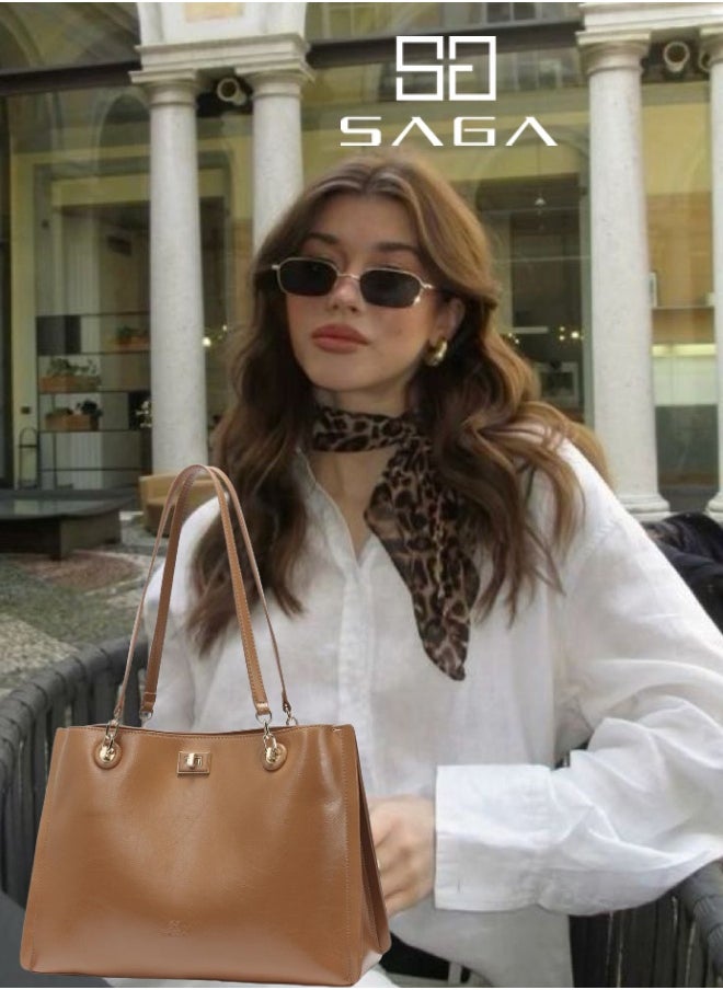 SAGA 3 Pieces Warmth of elegance Classic caramel brown wide tote bag  - Image 2