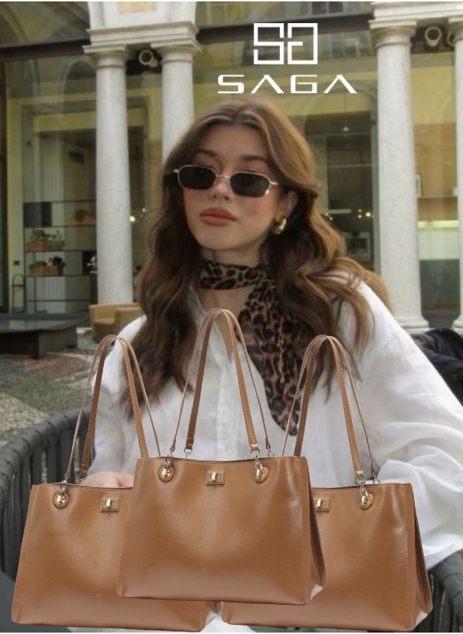 SAGA 3 Pieces Warmth of elegance Classic caramel brown wide tote bag  - Image 1