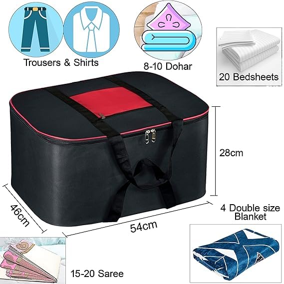 Nylon Storage Bag with Zipper Closure Waterproof Dustproof Foldable Large Capacity Organizer for Clothes Bedding Blankets Underbed Storage Bag with Handles Black Red Rectangular  - Image 2