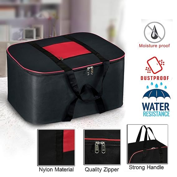 Nylon Storage Bag with Zipper Closure Waterproof Dustproof Foldable Large Capacity Organizer for Clothes Bedding Blankets Underbed Storage Bag with Handles Black Red Rectangular  - Image 4