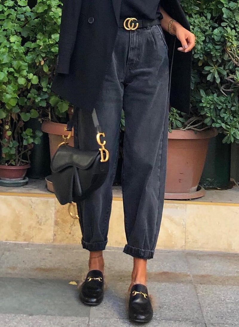 Astylish Black Jeans for Women High Waisted Baggy Boyfriend Mom Cropped Denim Pants Black Size 12 - Image 5