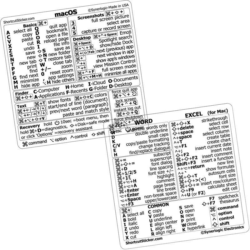 Synerlogic SYNERLOGIC Mac OS MIntel  WordExcel for Mac Quick Reference Keyboard Shortcut Stickers  for MacBook AirProiMacMacMini Clear 1 Set