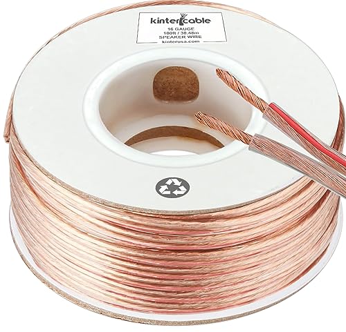 Kinter Cable 100ft 16-Gauge Audio Stereo Speaker Wire Cable, 100 Feet, 30.48 Meters, 2 Conductor, Polarity Marked, Flexible Clear PVC, CCA, Home Theater, HiFi, Surround or Auto Amps - Image 1