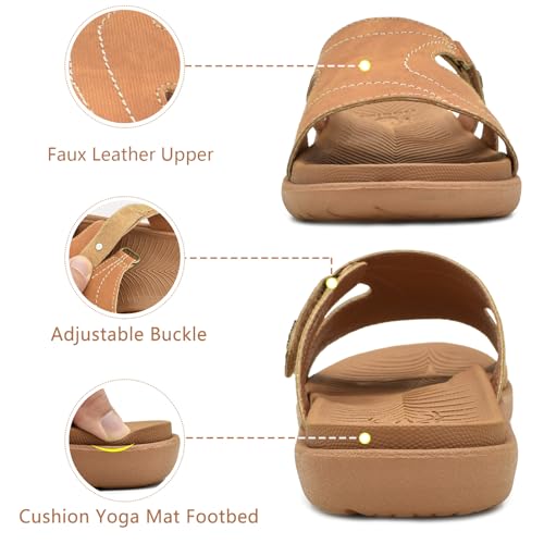 KuaiLu Womens Fashion Orthotic Slides Ladies Athletic Yoga Mat Memory Foam Walking Recovery Sandals Slip On Open Toe Thick Cushion Slippers Comfortable Plantar Fasciitis Arch Support Khaki Size 6 - Image 4