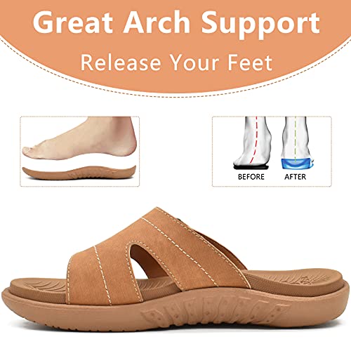 KuaiLu Womens Fashion Orthotic Slides Ladies Athletic Yoga Mat Memory Foam Walking Recovery Sandals Slip On Open Toe Thick Cushion Slippers Comfortable Plantar Fasciitis Arch Support Khaki Size 6 - Image 5