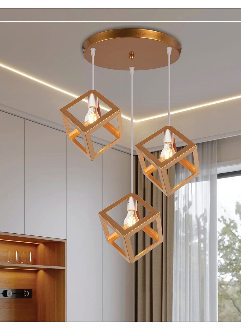 Best Power Triple hanging Industrial Cube Chandeliers Light Fixture - Gold Metal Ceiling Three Lamps  - Image 1