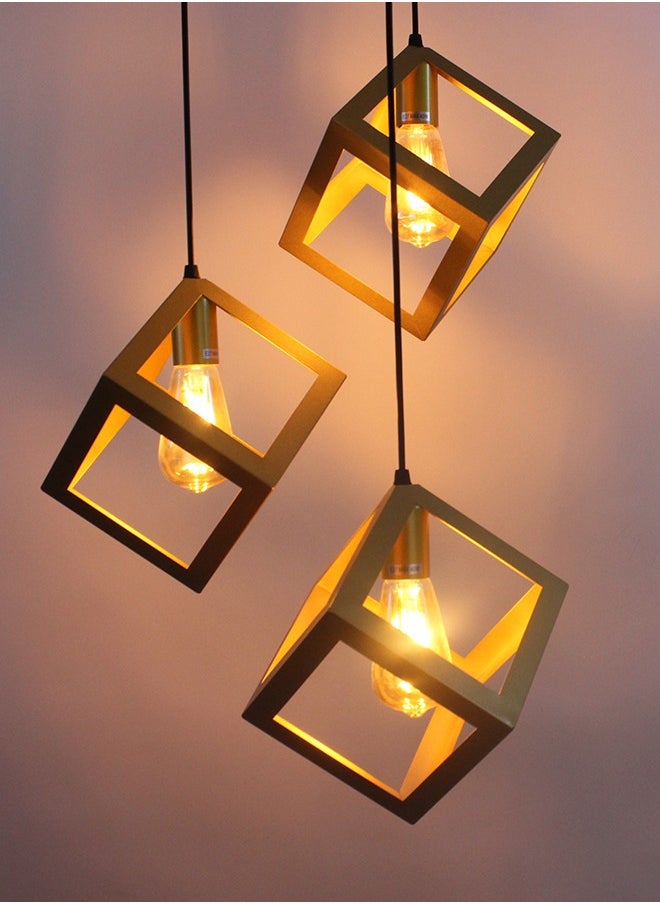 Best Power Triple hanging Industrial Cube Chandeliers Light Fixture - Gold Metal Ceiling Three Lamps  - Image 5
