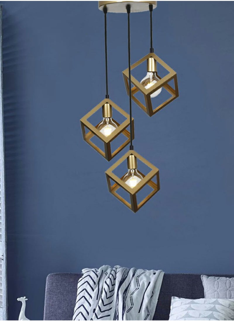Best Power Triple hanging Industrial Cube Chandeliers Light Fixture - Gold Metal Ceiling Three Lamps  - Image 2