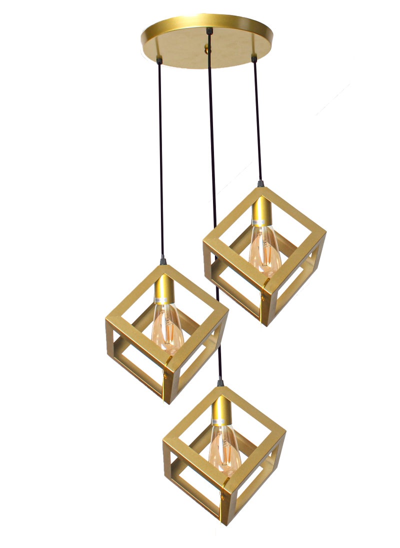 Best Power Triple hanging Industrial Cube Chandeliers Light Fixture - Gold Metal Ceiling Three Lamps  - Image 4