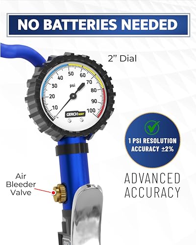 GERCHWAY Tire Inflator with Pressure Gauge and Longer Hose - Most Accurate, Heavy Duty Air Chuck with Gauge for Air Compressor Tire Inflator Attachment - 100PSI - Image 3