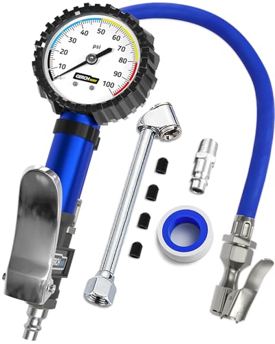 GERCHWAY Tire Inflator with Pressure Gauge and Longer Hose - Most Accurate, Heavy Duty Air Chuck with Gauge for Air Compressor Tire Inflator Attachment - 100PSI - Image 1