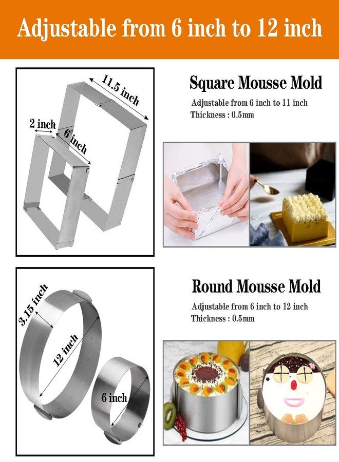 Cyimi Adjustable Cake Mould Stainless Steel Cake Mousse Ring 6 to 12 Inch, Thickened Cake Ring Mould Set of 2 for Baking,DIY Cake (Round+Square) - Image 2