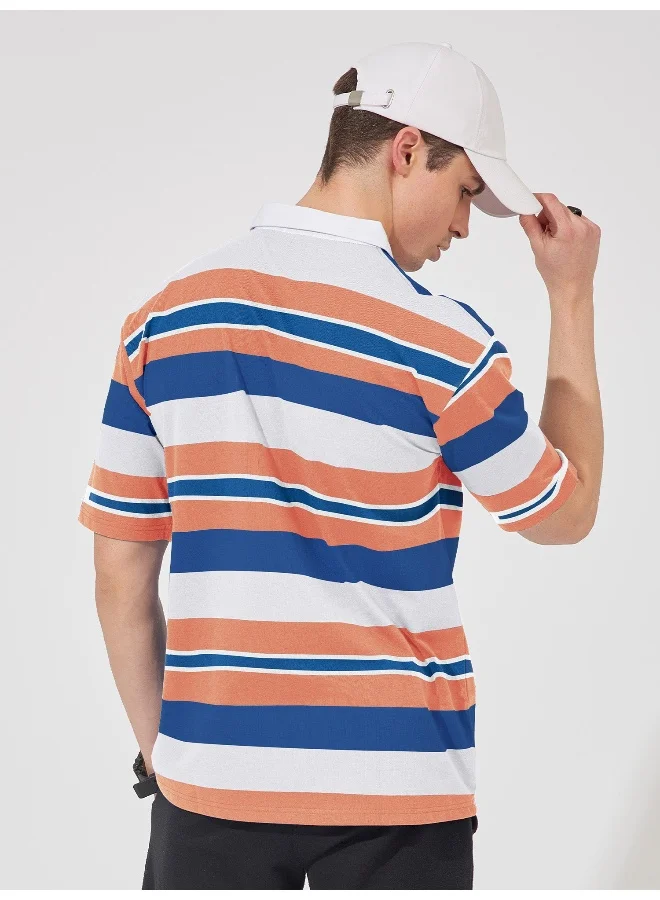 Maniac Mens Polo Neck Printed & Striped Half Sleeve Orange and Navy Cotton Slim Fit T-Shirt