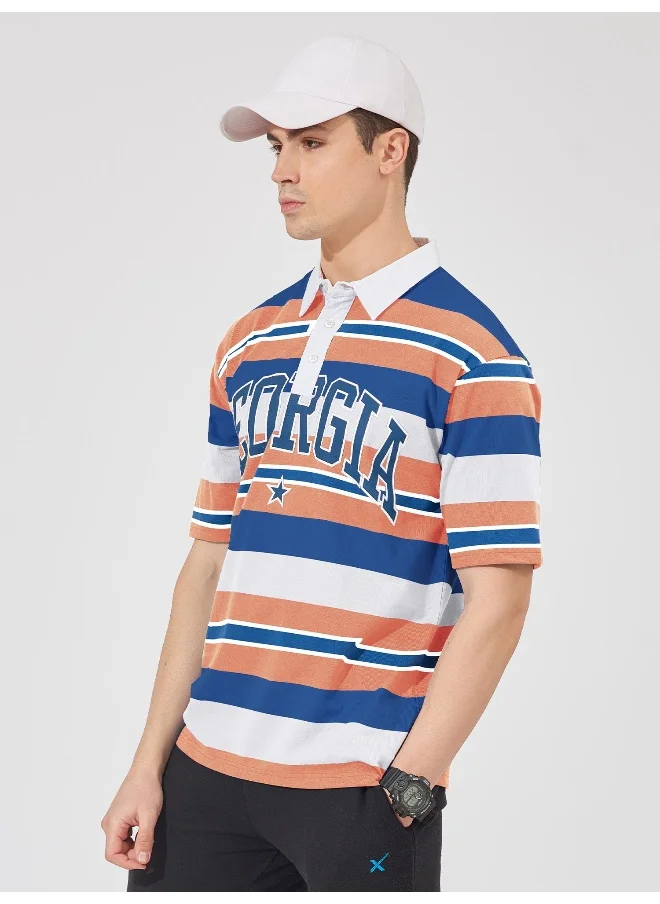 Maniac Mens Polo Neck Printed & Striped Half Sleeve Orange and Navy Cotton Slim Fit T-Shirt