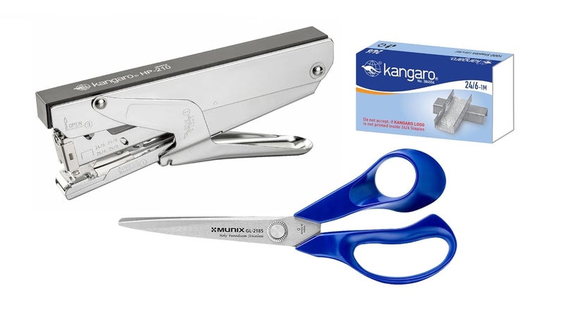 Munix Stainless Steel Scissors - GL-2185 Large Size for Home & Office Use | Kangaro HP-210 Metal Stapler & Durable | 24/6 Staple Heavy Duty Steel Wire 2000 | Quick Loading Mechanism | Pack of 3 - Image 1