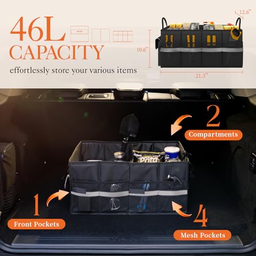 HOTOR Trunk Organizer - Car Organizer with 5 Pockets, Trunk organizer for SUV, Sedan & Van, Car Organization with Sturdy Base Panel for Car Accessories, Black, 2 Compartments, 21.3"×12.6"×10.6" - Image 2