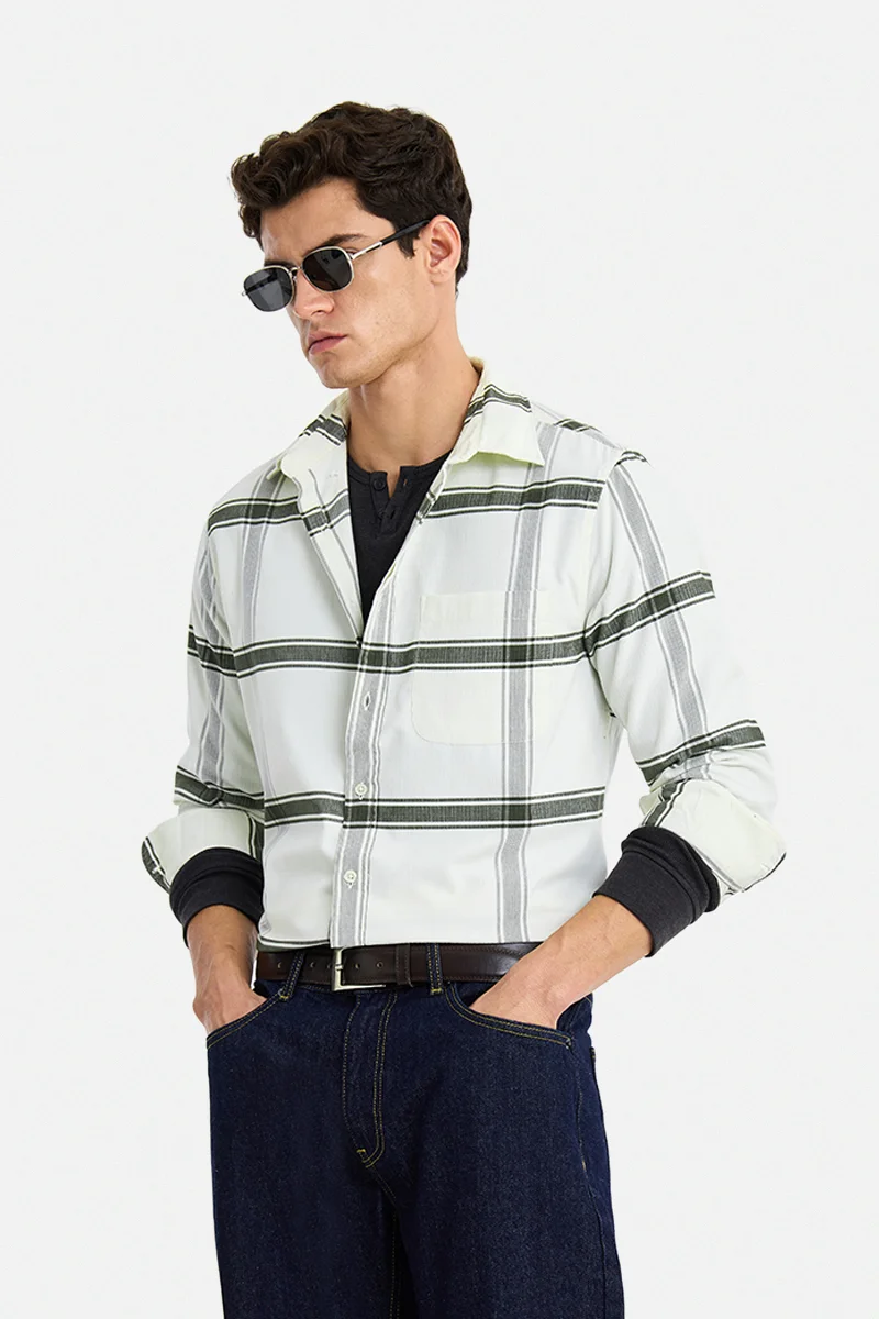 SNITCH Off-White Checkered Long Sleeve Regular Fit Casual Shirt