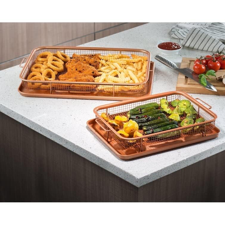 SWEEVAN Kitchen DeepFried Food Drain Basin Rectangle Crispy Tray Filter Mesh FreshKeeping Basket NonStick Oil Pan Crisping Tray Oven Baking Tray Frying Basket and Baking Sheet - Image 3
