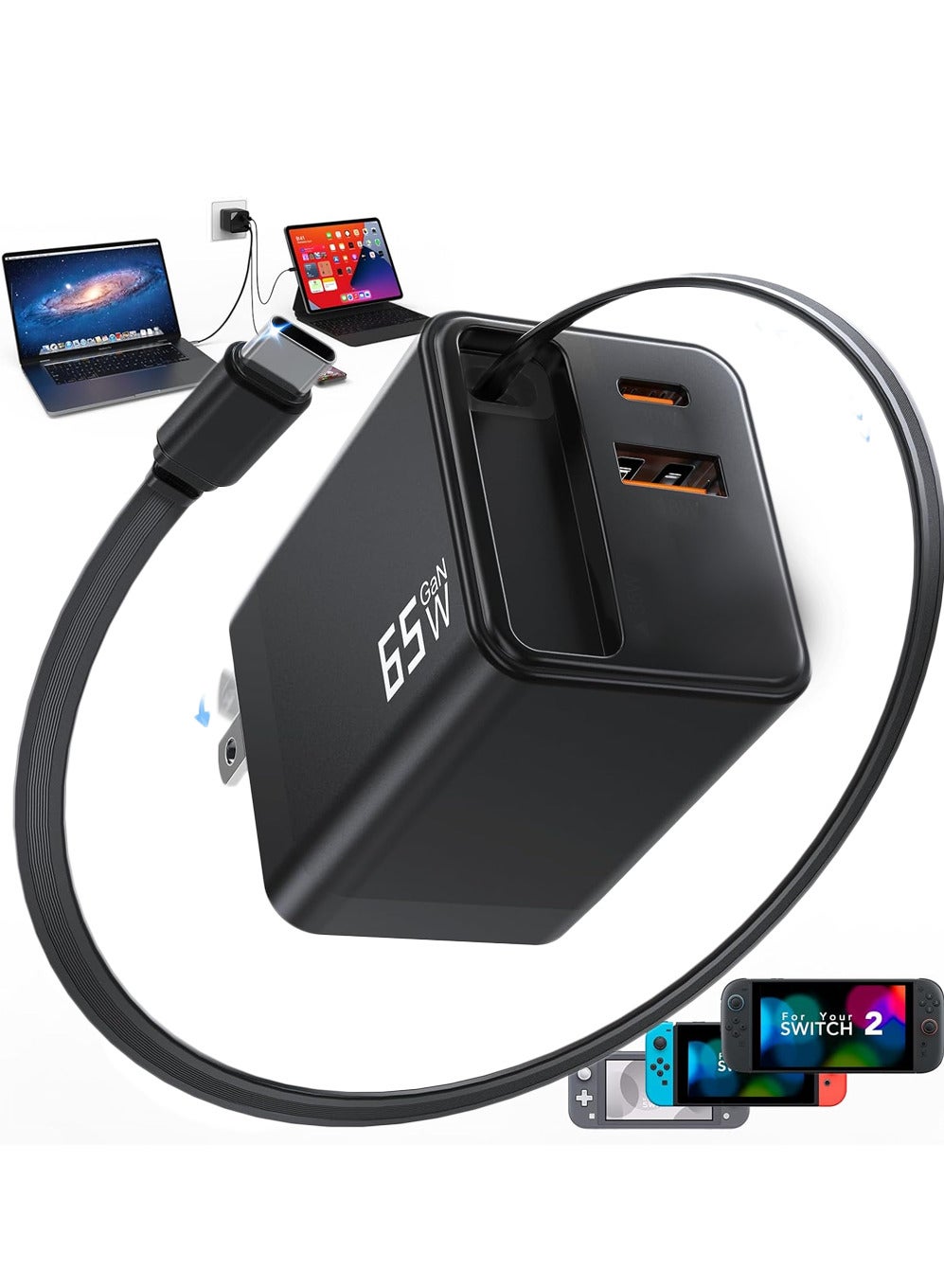 65W Retractable USB C Charger Block, PD PPS Fast Charging Wall Charger with Retractable Type-C Cable, Portable with Foldable Plug Compatible With Macbook Pro Air, iPhone 17 Pro Max Galaxy, S25 Ultra, S24, X6, Huawei, Xiaomi, OPPO, Vivo, Honor, iPad HP SLR Black