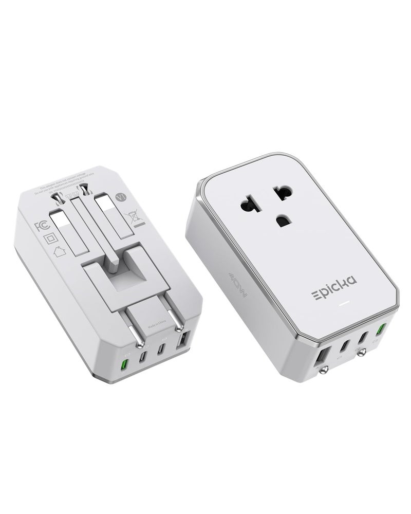 EPICKA Air 40W Universal Travel Adapter, PD Fast Charging International Power Adapter with 1 AC & 4 USB Ports, Worldwide Compact Travel Essentials for USA/EU/UK/AUS(White, Not a Voltage Converter) - Image 1