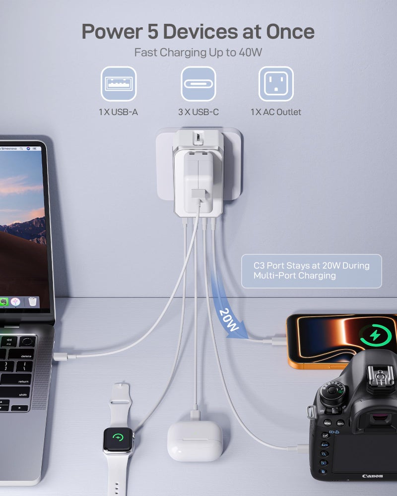 EPICKA Air 40W Universal Travel Adapter, PD Fast Charging International Power Adapter with 1 AC & 4 USB Ports, Worldwide Compact Travel Essentials for USA/EU/UK/AUS(White, Not a Voltage Converter) - Image 2