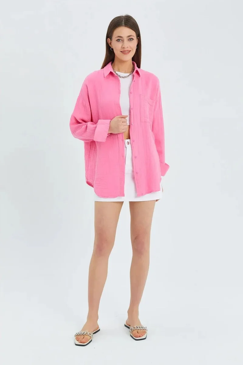 ميكسراي MIXRAY Oversized Linen Blended Button-Up Shirt with Pocket