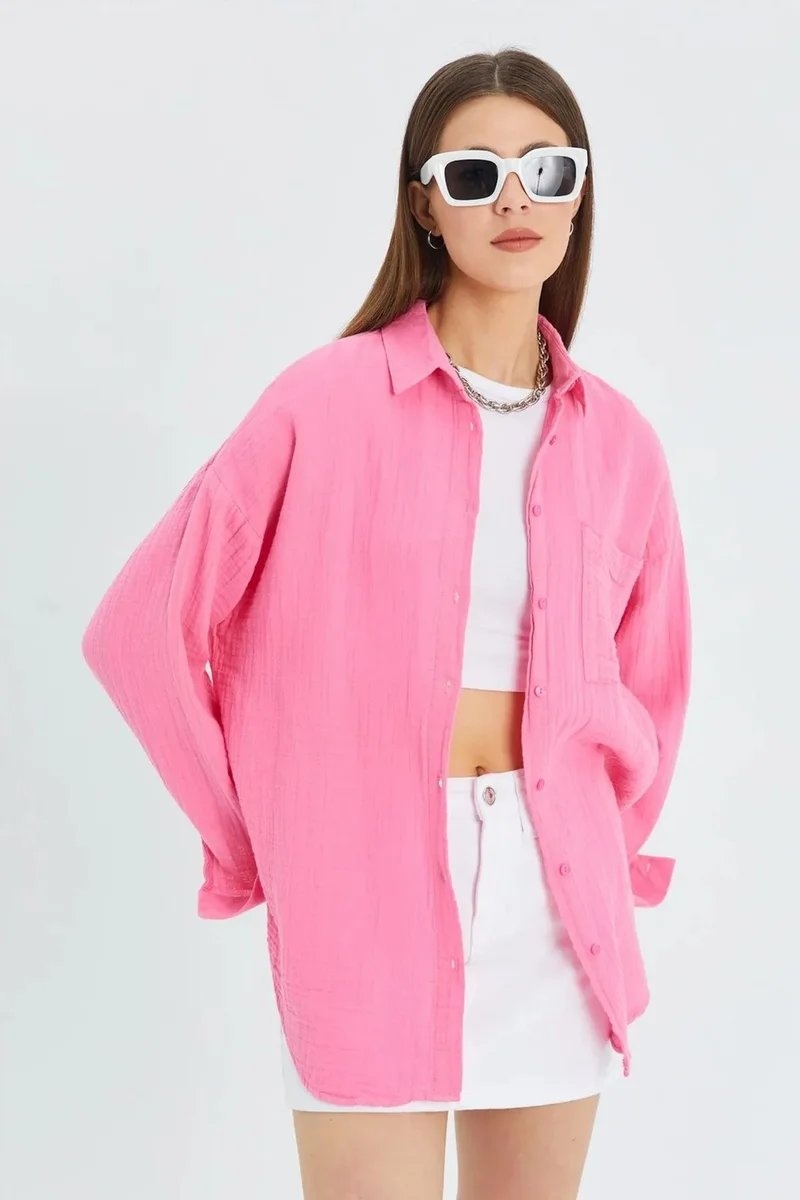 ميكسراي MIXRAY Oversized Linen Blended Button-Up Shirt with Pocket